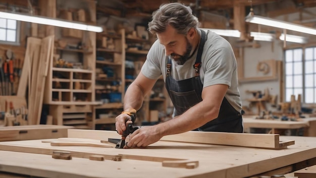 Un carpintero ensambla muebles de madera, enrosca los accesorios en un panel de chapa en un banco de trabajo en el taller.