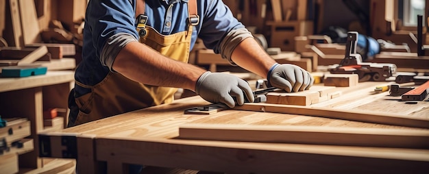 Un carpintero está trabajando en un concepto del día del trabajo de mesa de madera.