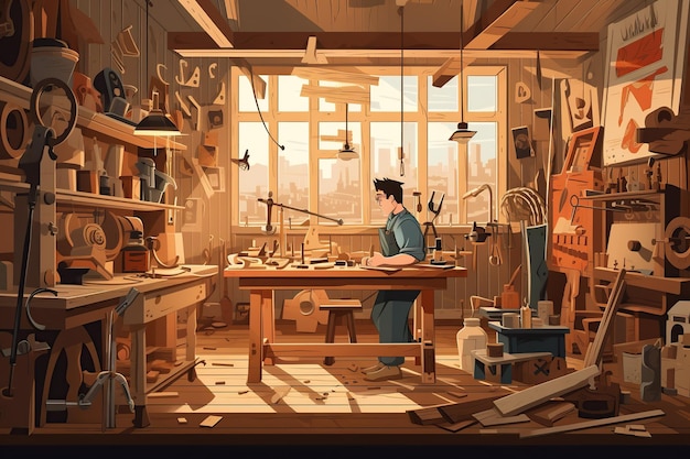 Foto un carpintero experto elabora meticulosamente una obra maestra de madera en su taller rodeado de herramientas, aserrín y el aroma de la madera recién cortada. generado con ia.