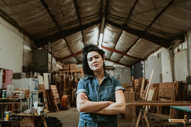 Carpintero femenino en su tienda de madera