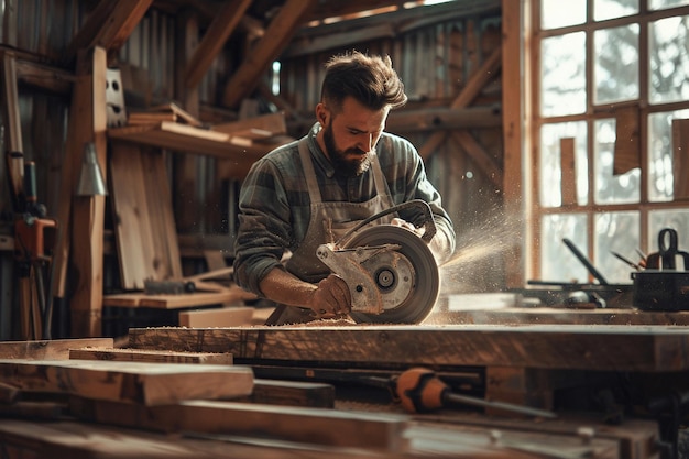 Carpintero guapo usando una lijadora mientras trabaja en una madera en el taller