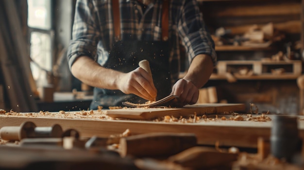 Carpintero hábil que trabaja en un proyecto de carpintería en un taller bien equipado creando muebles hechos a mano