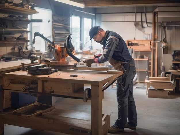 Un carpintero hábil trabaja dentro de un taller moderno con herramientas metálicas