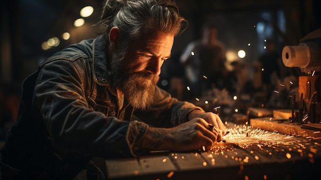 carpintero masculino trabajando en madera retro en un taller retro