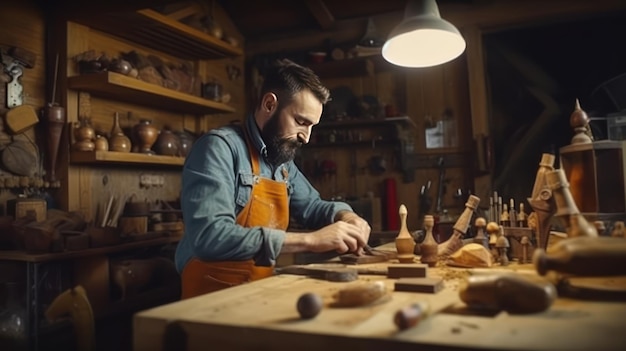 Foto un carpintero de mediana edad se pone gafas, lee planos y comienza a montar partes de una silla de madera