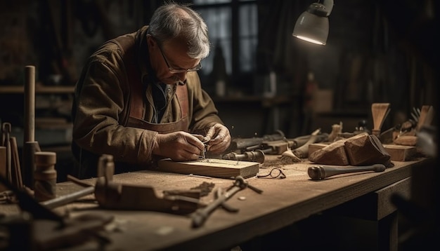 Un carpintero que fabrica zapatos de cuero con experiencia generada por IA