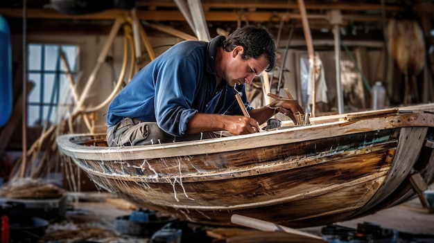 Un carpintero que hace un barco de madera de su propio diseño en su taller