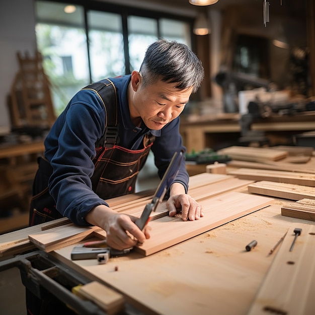 Un carpintero que trabaja en un taller de carpintería con confianza