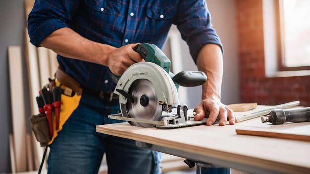 Carpintero que utiliza una sierra circular para cortar tablas de madera