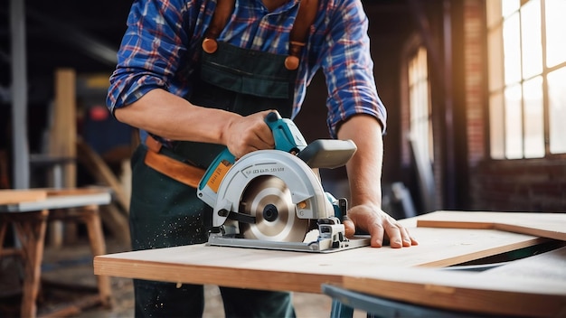 Carpintero que utiliza una sierra circular para cortar tablas de madera
