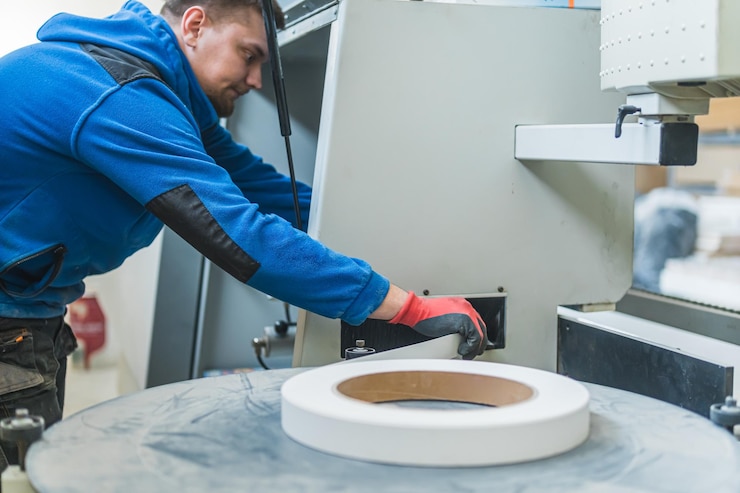 Foto carpintero sacando cinta de una máquina en el concepto de fabricación del taller