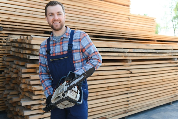 Carpintero con una sierra en las manos sobre un fondo de tablas de madera cortadas