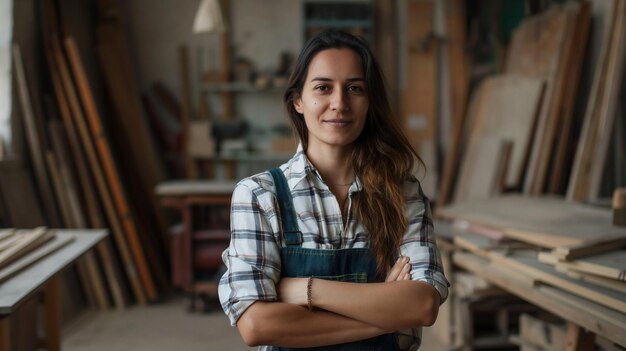 Foto una carpintero sonriente en el taller de pie con los brazos cruzados