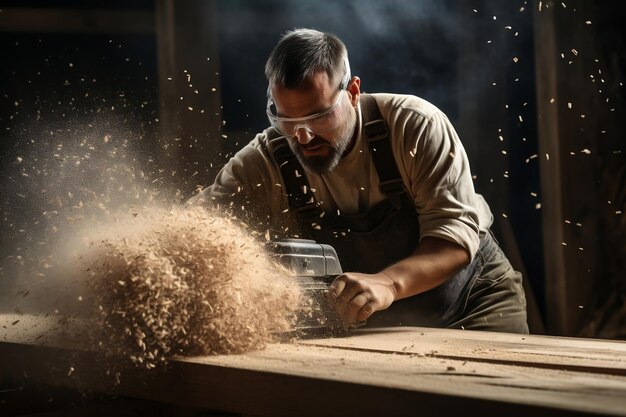 Carpintero soplando aserrín de tablones de madera Generative Ai