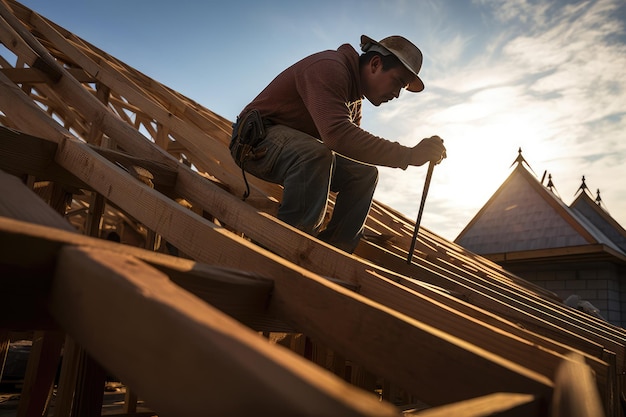 Carpintero techador trabajando en la estructura del techo en el sitio de construcción