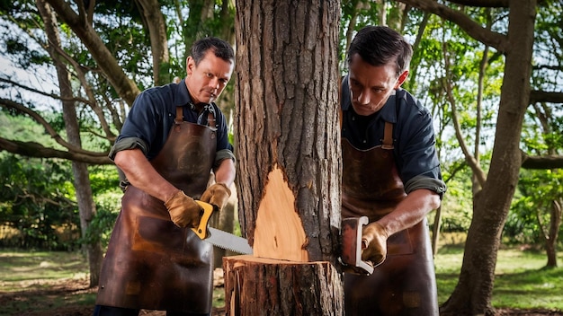 El carpintero trabaja con un árbol.