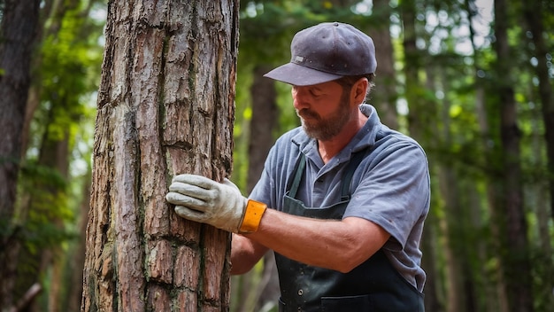 El carpintero trabaja con un árbol.