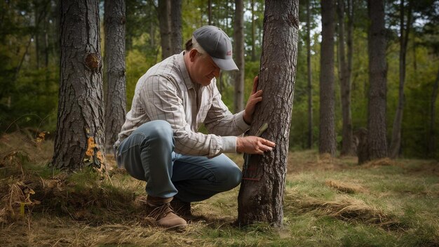 El carpintero trabaja con un árbol.