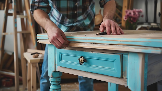 Foto un carpintero trabaja en una mesa de madera en su taller. está usando un lápiz para marcar la madera que va a cortar.