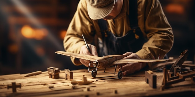 Un carpintero trabaja con un plano sobre un fondo de madera