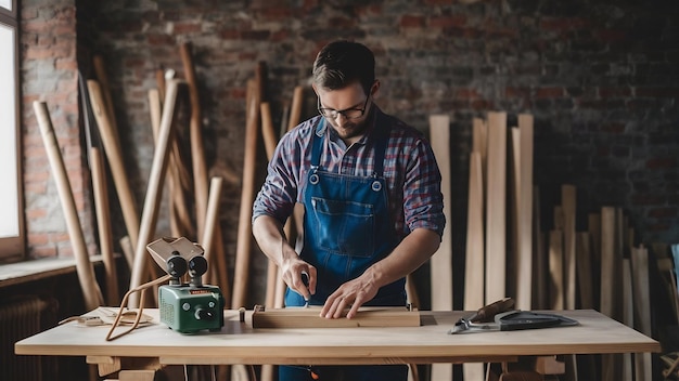 Carpintero trabajando con equipos en una mesa de madera en un taller de carpintería