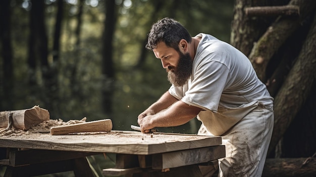 Foto carpintero trabajando con madera en un taller retro