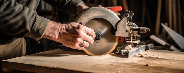 Foto carpintero trabajando con sierra en el taller detalle de trabajo en madera