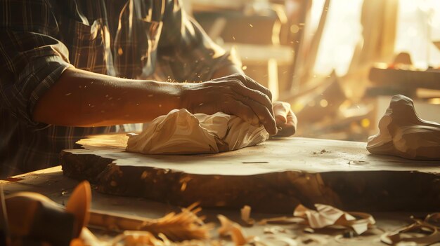 Un carpintero trabajando en su estudio. Está usando un cincel para tallar un pedazo de madera.