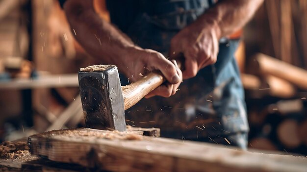 Un carpintero en el trabajo un carpintero fuerte partiendo troncos de madera con un martillo pequeñas astillas de madera están volando por ahí