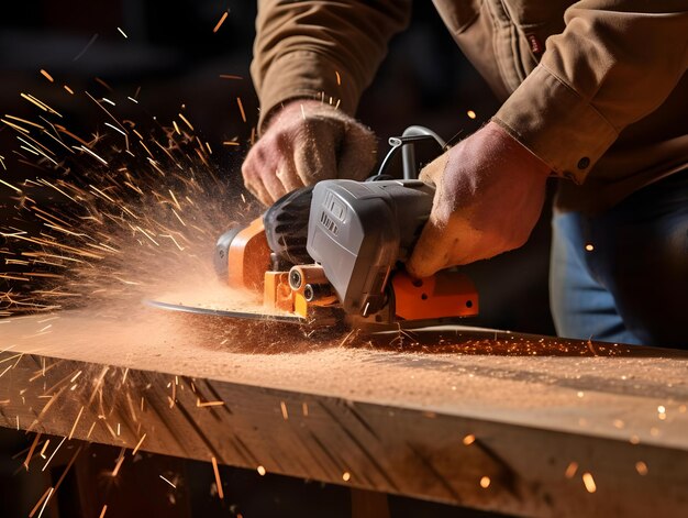 Foto carpintero usando sierra eléctrica para cortar madera de pino ia generativa