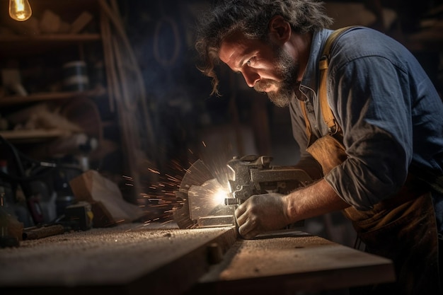 Carpintero usando una sierra en madera en el taller con IA generativa