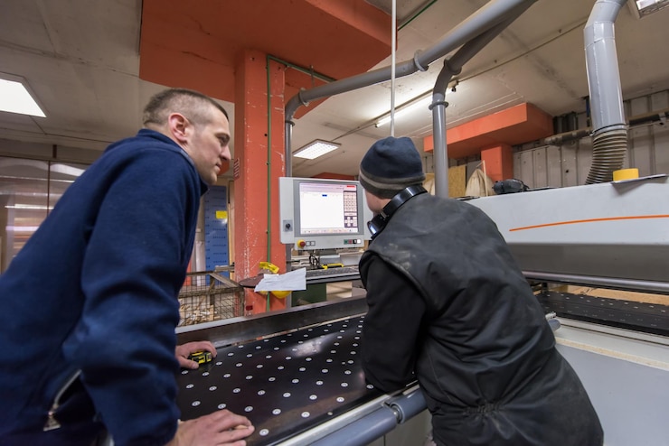 Foto carpinteros calculando y programando una máquina de trabajo de madera cnc