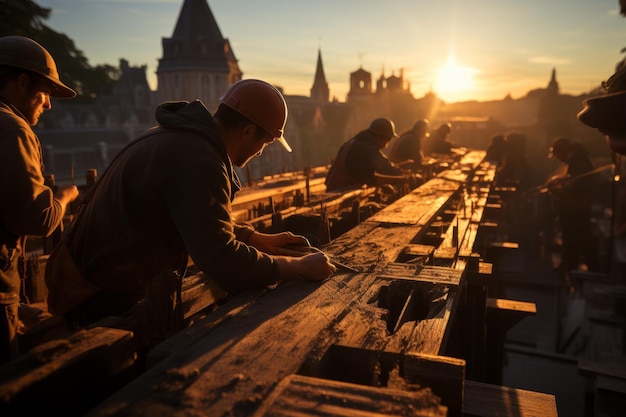 Los carpinteros están trabajando en la madera al atardecer IA generativa