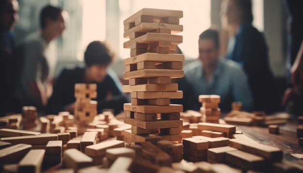 Foto carpinteros expertos utilizan el trabajo en equipo y la creatividad para construir juguetes de madera generados por ia