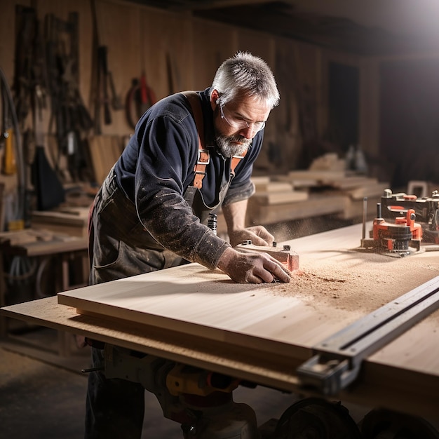 Carpinteros haciendo muebles de madera en carpintería