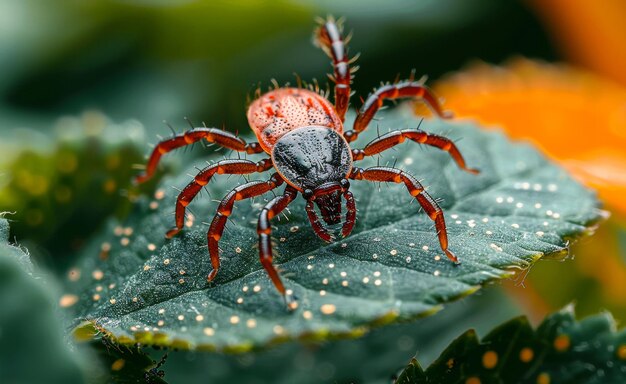 Carrapatos vermelhos e pretos sentam-se em folhas verdes parasitas perigosos e ácaros portadores de infecções sentados