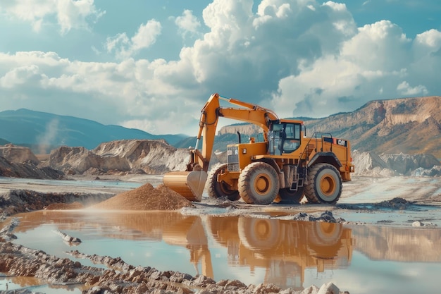 Carregador de rodas Excavadora que descarrega areia com água durante os trabalhos de movimentação de terra no local de construção