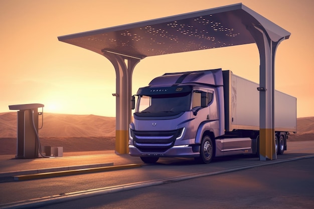 Carregamento de caminhão elétrico futurista em estação movida a energia solar criada com IA generativa