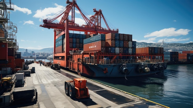 Foto carregamento de contêineres em navio de carga com fundo industrial de guindaste grande