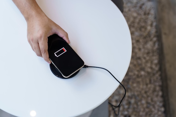 Foto carregando a bateria do telefone celular com dispositivo de carregamento sem fio na mesa smartphone carregando em uma base de carregamento celular perto do carregador sem fio conceito de tecnologia de estilo de vida moderno