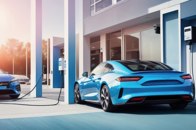 Carregando bateria de carro elétrico moderno na rua Close-up da fonte de alimentação conectada a um carro elétrico Generative AI