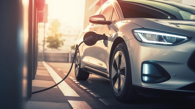 Carregando bateria de carro elétrico moderno na rua, que é o futuro do automóvel Fechamento da fonte de alimentação conectada a um carro elétrico sendo carregado para híbrido AI Generative