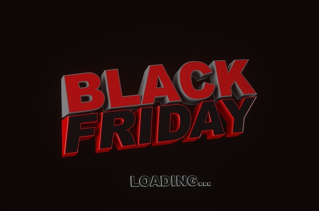 Carregando Black Friday. Letras de texto vermelho de fundo escuro. Banner horizontal, pôster, site de cabeçalho. Renderização 3D.