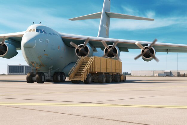 Foto carregando um avião de carga no aeroporto, um carrinho de carga entregando carga ao jato no aeródromo int