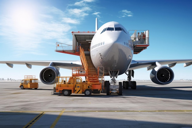 Foto carregando um avião de carga no aeroporto, um trator especial traz carga para o jato no aeródromo entre