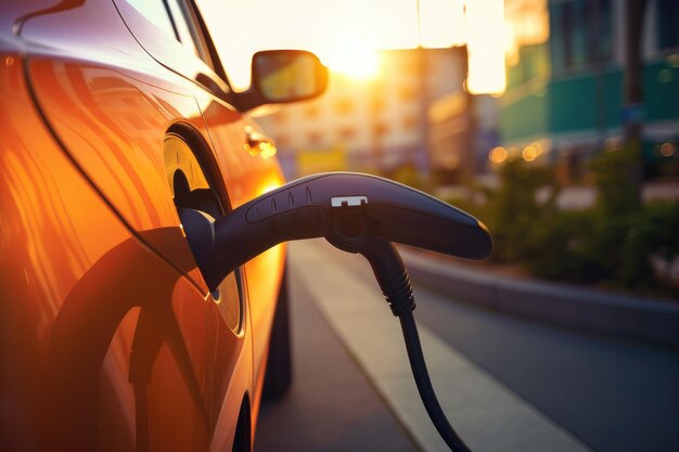 Carregando um carro elétrico na cidade Closeup Close Up do plugue de carregamento de veículo elétrico sendo conectado ao carro EV AI Gerado