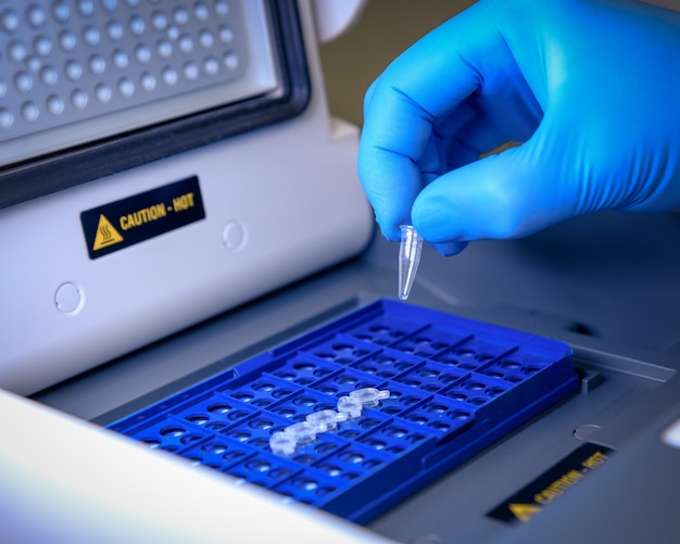 Carregando um tubo de DNA em uma máquina de termociclador de PCR (reação em cadeia da polimerase) em um laboratório de biociência. Conceito de ciência, laboratório e estudo de doenças.