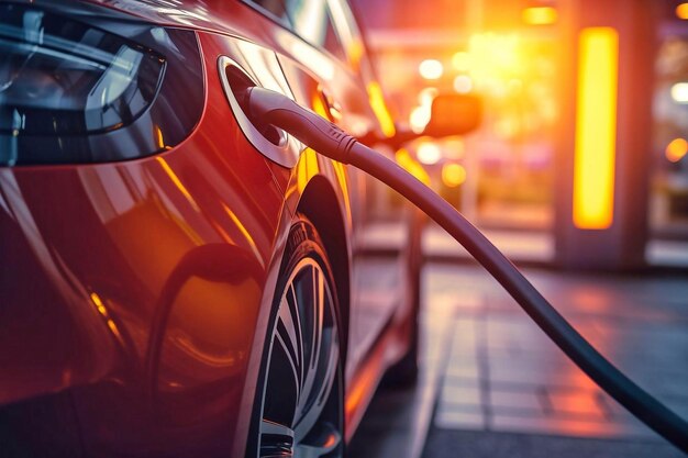 Foto carregar um carro elétrico num posto de gasolina