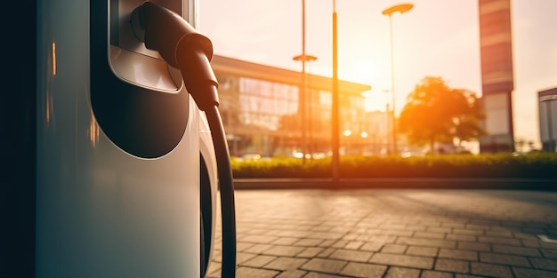 Carregar veículos elétricos no centro da cidade em um dia claro