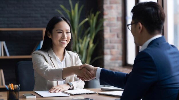 Carreira de negócios e conceito de colocação mulher asiática feliz apertando a mão com o diretor-chefe masculino ou e